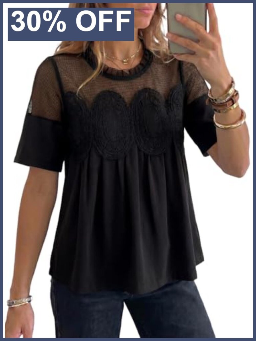 Flared Sleeve Lace Embroidered Mesh Blouse Sheer Summer Top